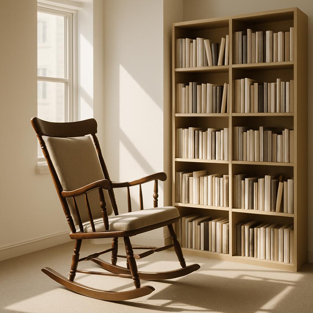 A well-lit room with a brown wooden rocking chair in the left corner and a large bookshelf on the right side, showcasing n...